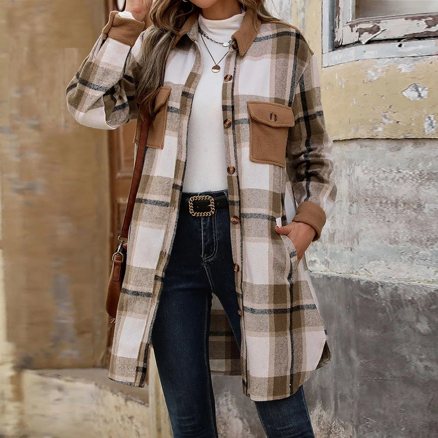 Женский жилет с принтом в клетку Autumn 2024 Plaid Lightweight Lined Long Fashion Casual Elegant Jacket with Pockets Coat Elegant, Caff file — фото 2