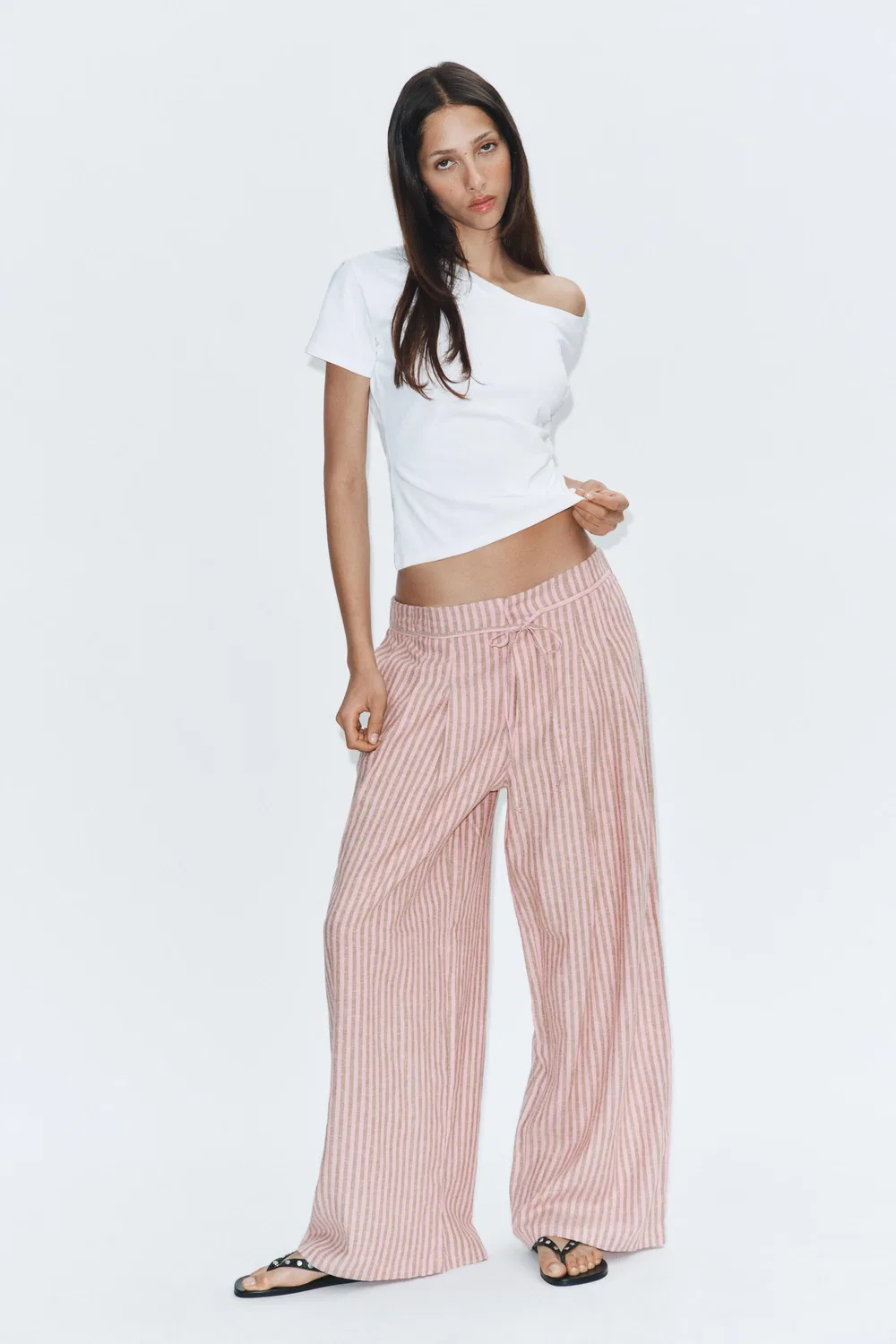 Полосатые брюки из льняной смеси на шнуровке ZARA, Pink