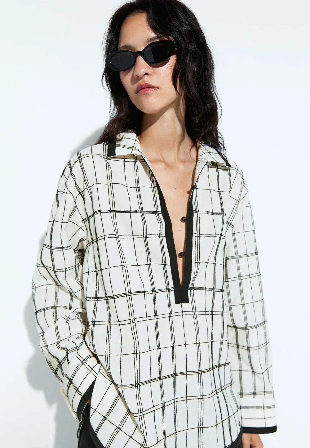 Рубашка-Блузка в клетку из смесовой хлопковой ткани Massimo Dutti, White
