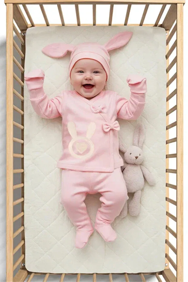 Детский комбинезон для новорожденных с принтом Organic baby girl rabbit patterned 5-piece jumpsuit hospital release newborn outfit baby bib Bamoola For Babies, Pink Rabbit — фото 4