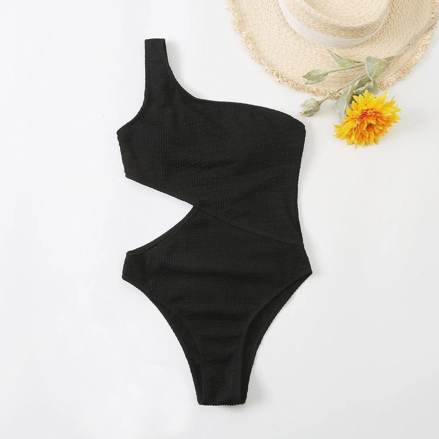 Женский цельнокроеный купальник с вырезом на плече Ribbed, Black — фото 3