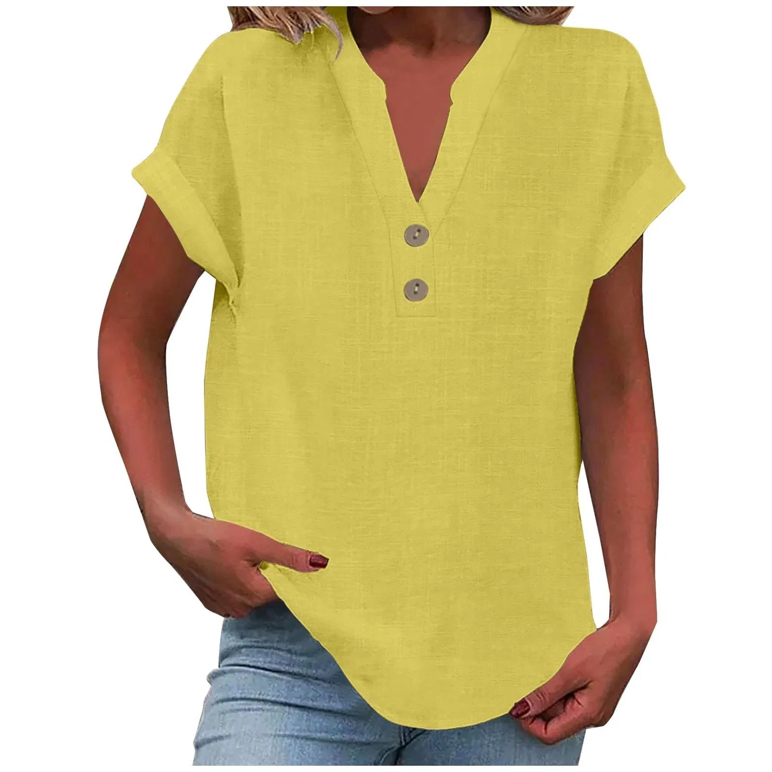 Женская льняная туника с v-образным вырезом и коротким рукавом, Yellow 2 — фото 2