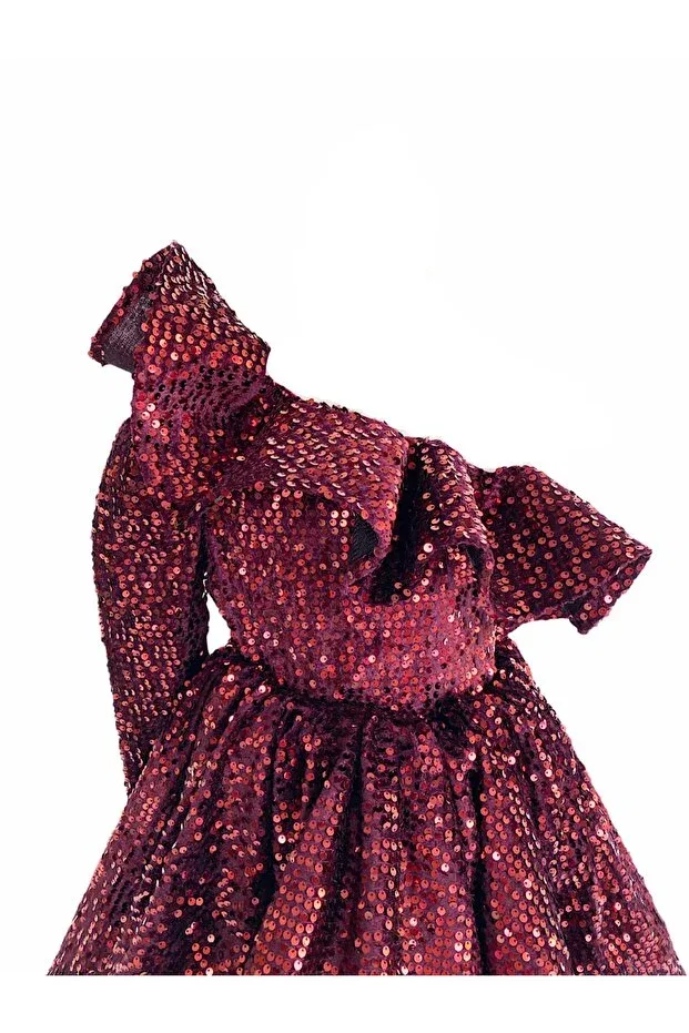 Детское платье для девочек бархатное с принтом Burgundy One Shoulder Velvet Girls Evening Dress Zühre Balaban, Burgundy — фото 3