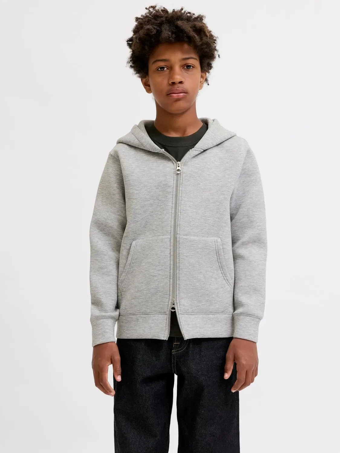 Худи на молнии с капюшоном Jcolegacy Jack & Jones Junior, светло-серый меланж — фото 4