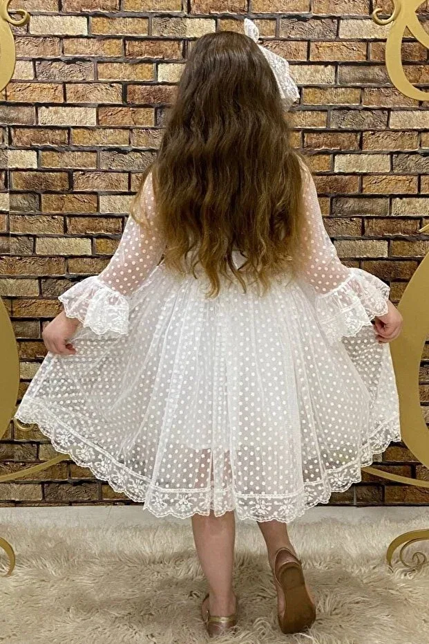 Детское платье для девочек кружевное с поясом Abiyekids, White — фото 3