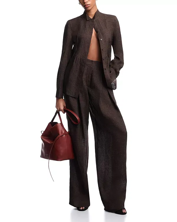 Женские брюки с защипами модели Linen blend chambray trousers Emporio Armani, Chocolate — фото 2
