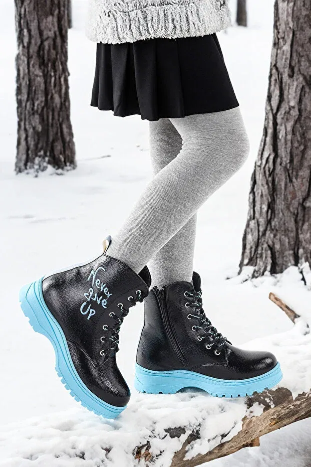 Детские ботинки для девочек с термоподошвой Kiko Kids, Black - Turquoise — фото 4