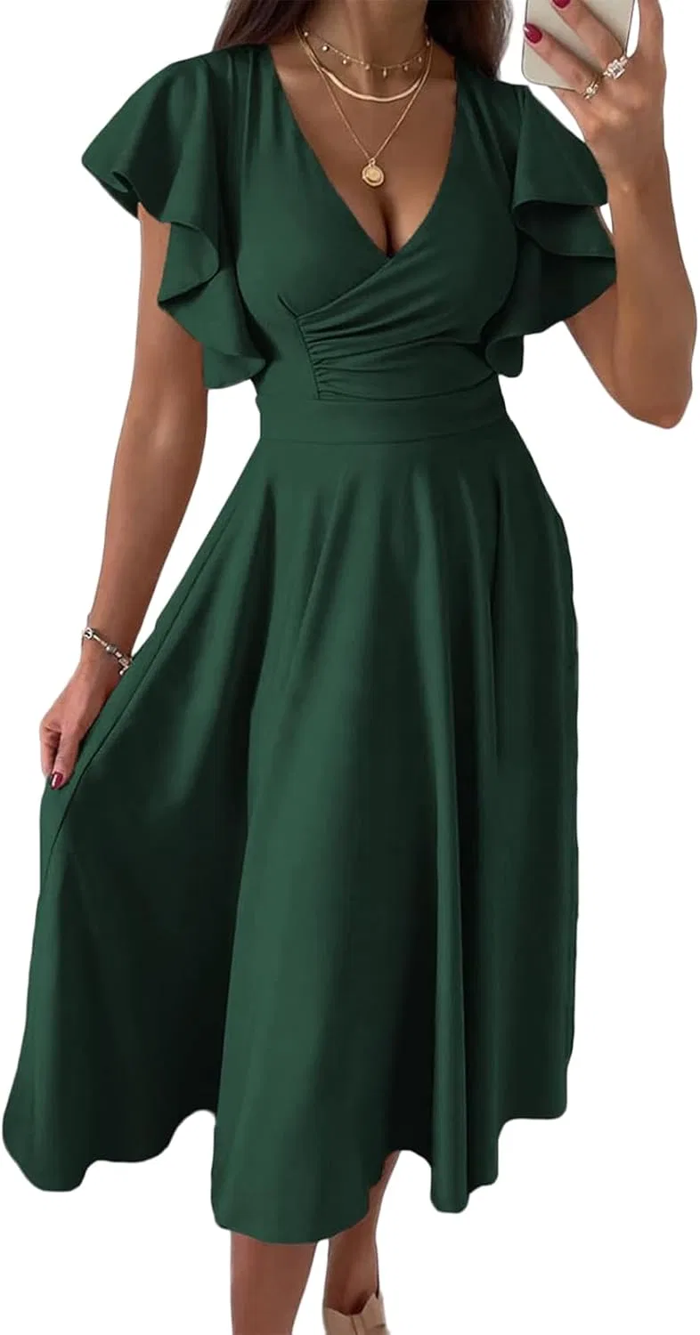 Женское A-силуэта коктейльное платье с V-образным вырезом и воланами, Dark Green