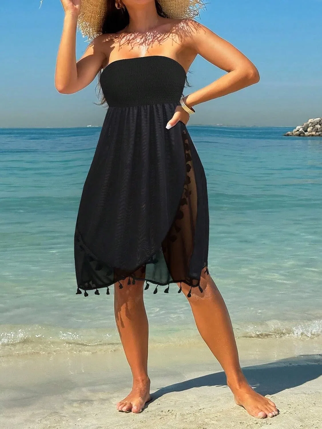 Женская пляжная накидка с разрезом, Sleeveless Strapless Bra Top, Black — фото 4