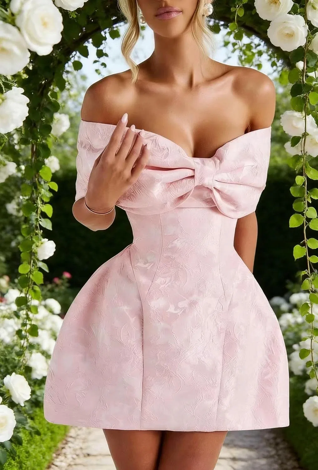 Женское короткое платье A-силуэта с открытыми плечами и бантом YHW84, Storm Blue — фото 4