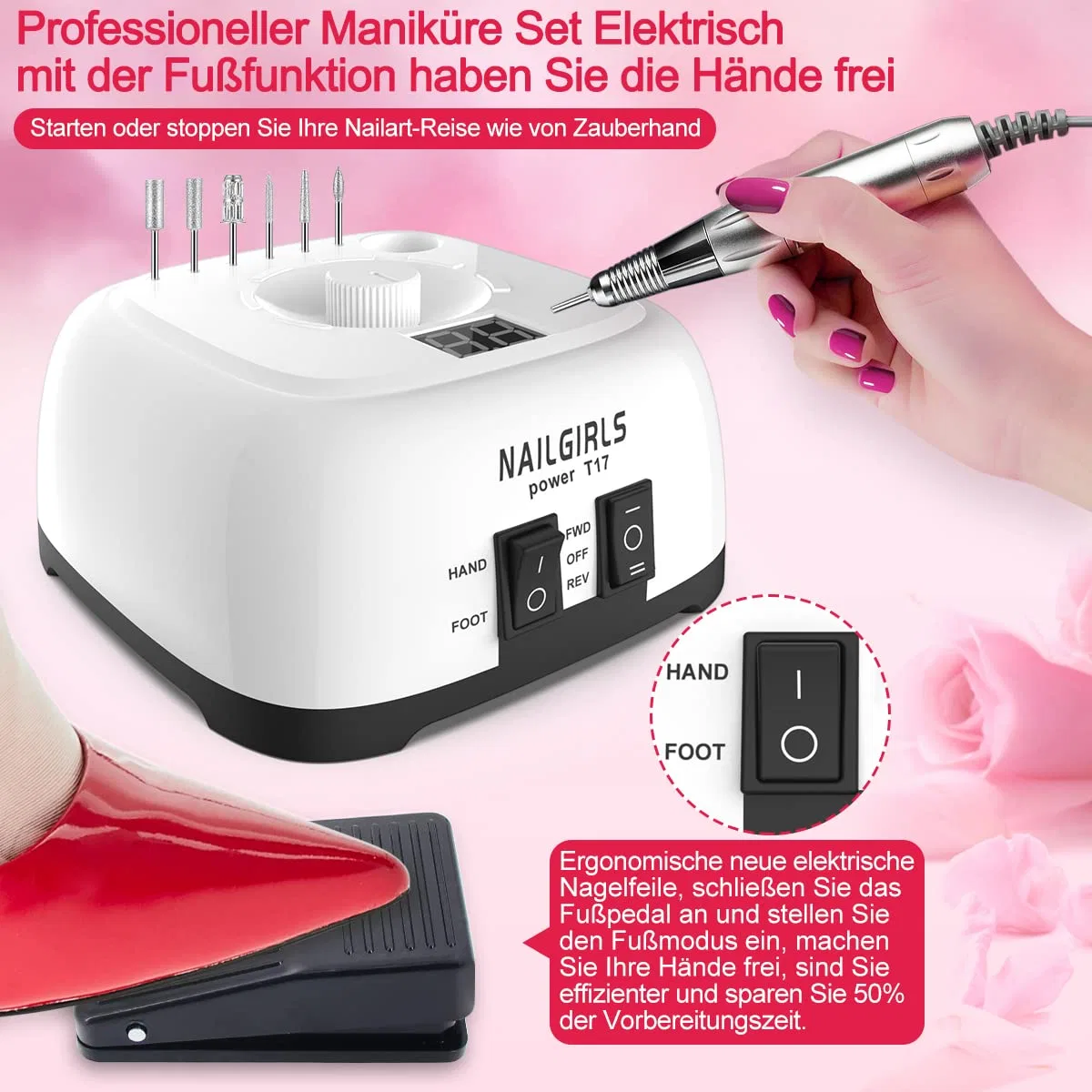 Электрический фрезер для ногтей NAILGIRLS 11-в-1, 35000 об/мин Nailgirls, White — фото 4