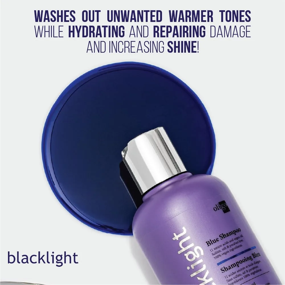 Oligo Professionnel - шампунь и кондиционер Blacklight Blue для блонда, без сульфатов, веганские, нейтрализуют желтизну, освежают выгоревшие пряди, с аргановым маслом, увлажняющая формула, набор 2 х 250 мл — фото 3