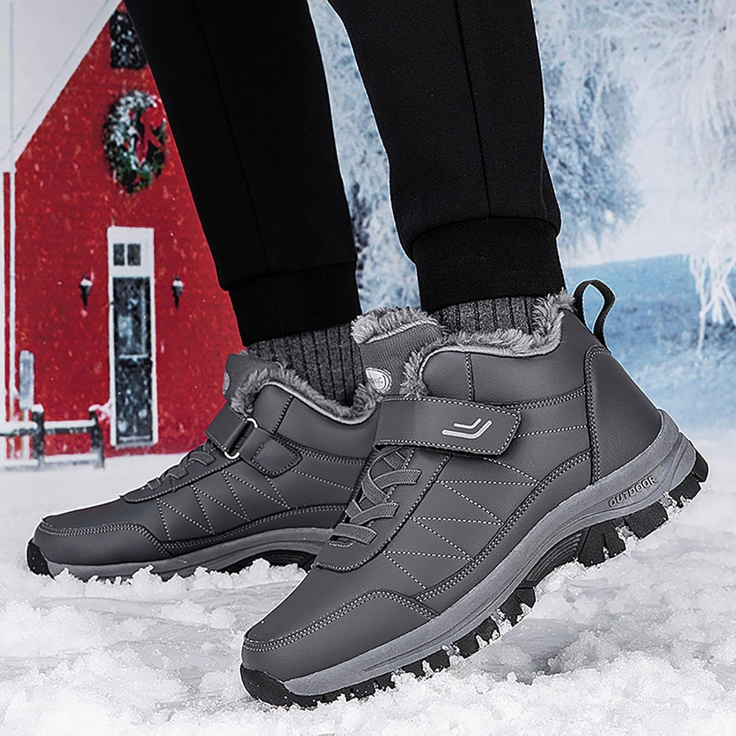 зимние ботинки для женщин и мужчин, водонепроницаемые, утепленные мехом, с платформой и ребристой подошвой Jyswoshoe, серый — фото 4