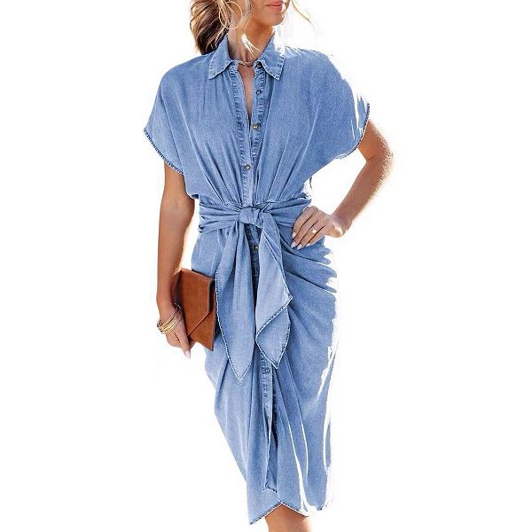 

Женское платье-рубашка с застежкой на пуговицах, коротким рукавом и сборками миди деним для вечеринки или свадьбы Hallih Burton