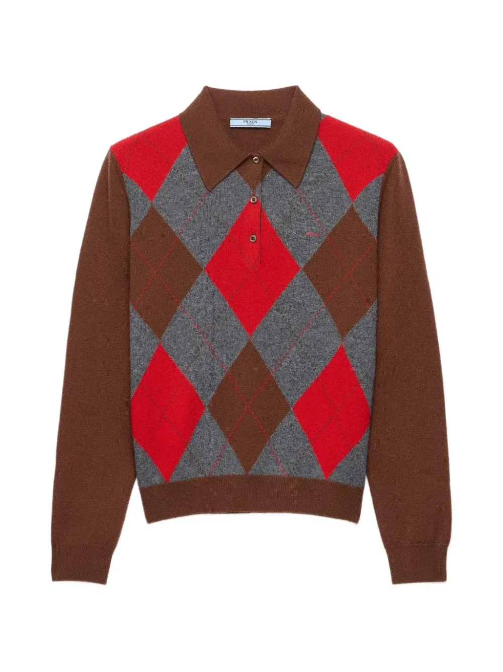 Кашемировый свитер-поло в ромбик Argyle Prada, коричневый