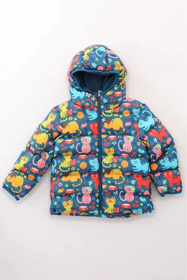 Детское зимнее пальто для девочек с капюшоном, Inner Fleece Hooded Cat Patterned Winter Puffer Jacket & Coat RB-101, Generic Brands, Colored — фото 2