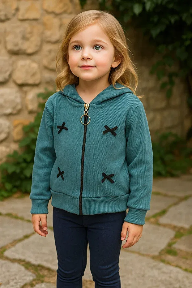 Детское худи для девочек на молнии с капюшоном Yalçınoğlu Kids, Turquoise