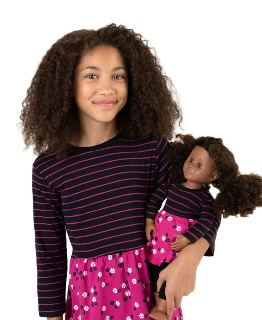 Платье-трапеция с длинным рукавом из хлопка Big Girls Matching Doll 100% Cotton Long Sleeve Skirt Dress Leveret, Flower Pink — фото 3