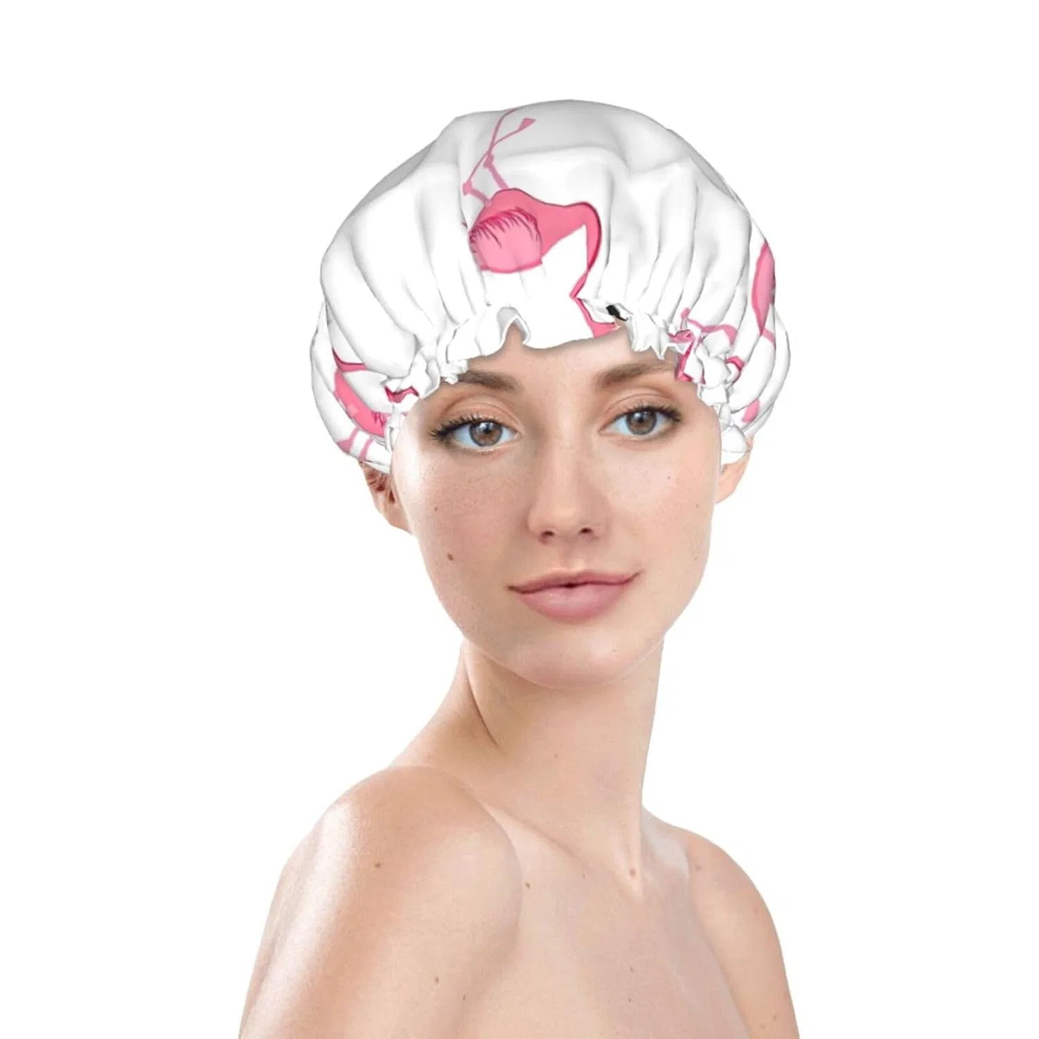 Шапочка для душа, Flamingos auf weißem Druck, pvinnk, двуслойная, 27 см — фото 3