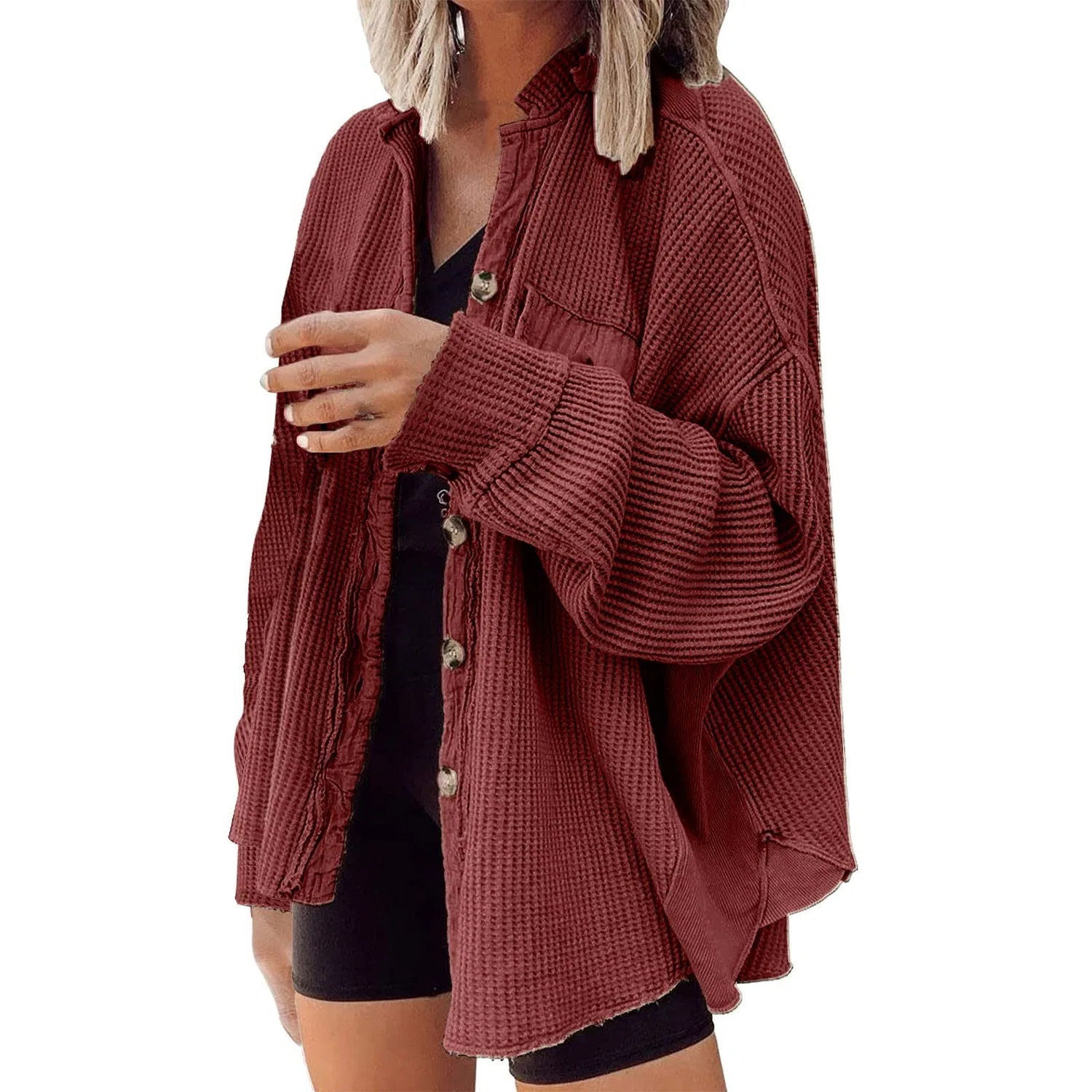 Женское пальто из мягкой ткани с карманами, модель Cappotto autunnale da donna in tessuto morbido con tasche reversibili casual, design moderno di splicing per un elegante irregolare, Rosso