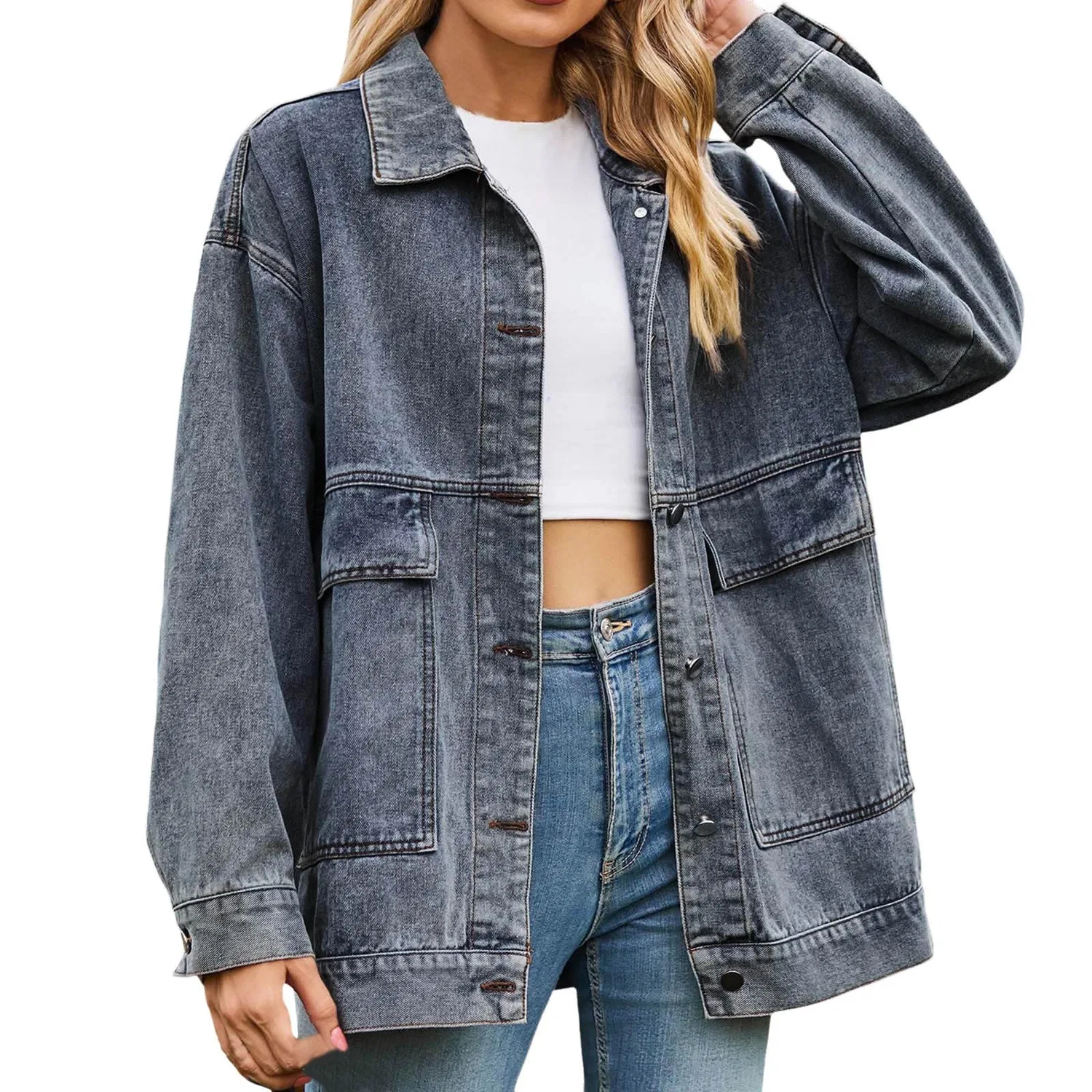 Женское джинсовое пальто с шалью-воротником Boyfriend Jean Jacket, Azzurro