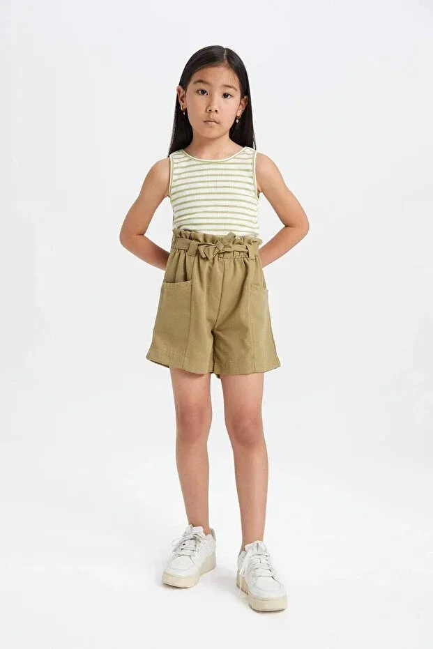 Детские шорты для девочек с высокой талией Paperbag shorts with pockets Defacto, Khaki — фото 3