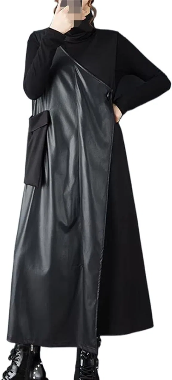 Женское платье миди с вставками из PU Turtleneck Sleeveless Midi Dress, Black