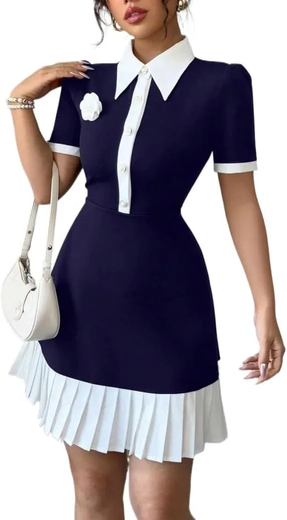 Женское элегантное цветблок платье с пышными рукавами, Navy Blue