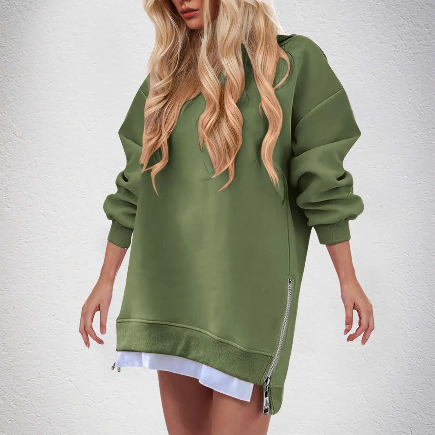 Женское платье-свитер свободного кроя с боковой молнией, Army Green — фото 2