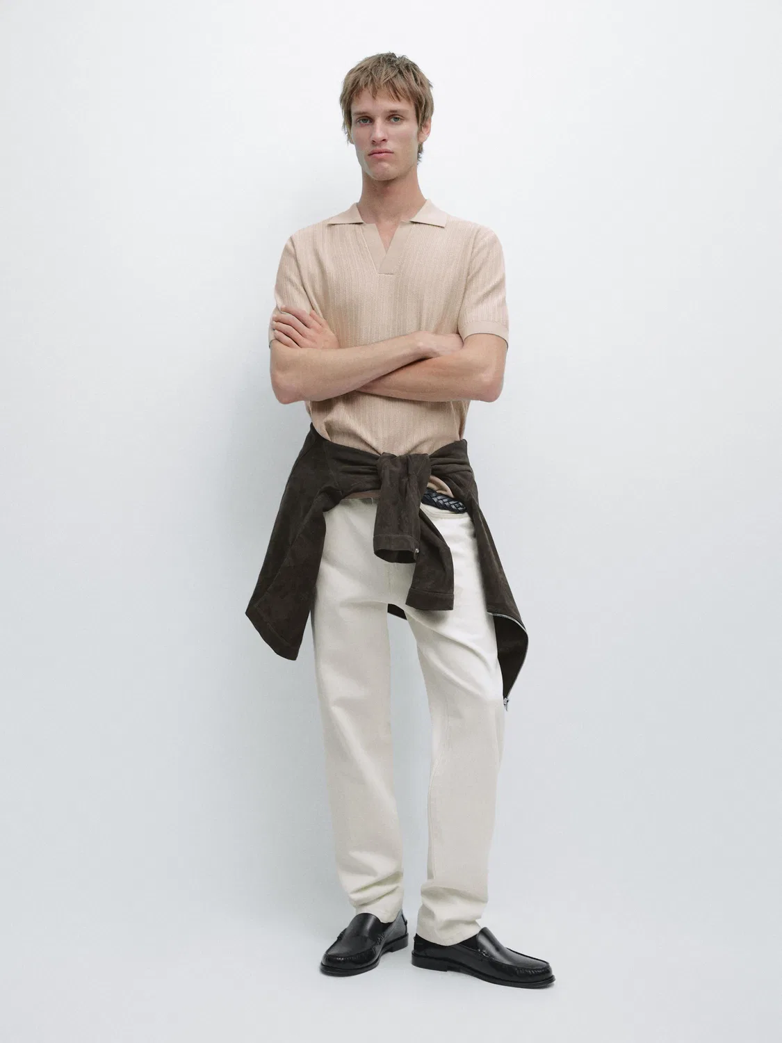 Жаккардовый вязаный свитер-поло Massimo Dutti, бежевый