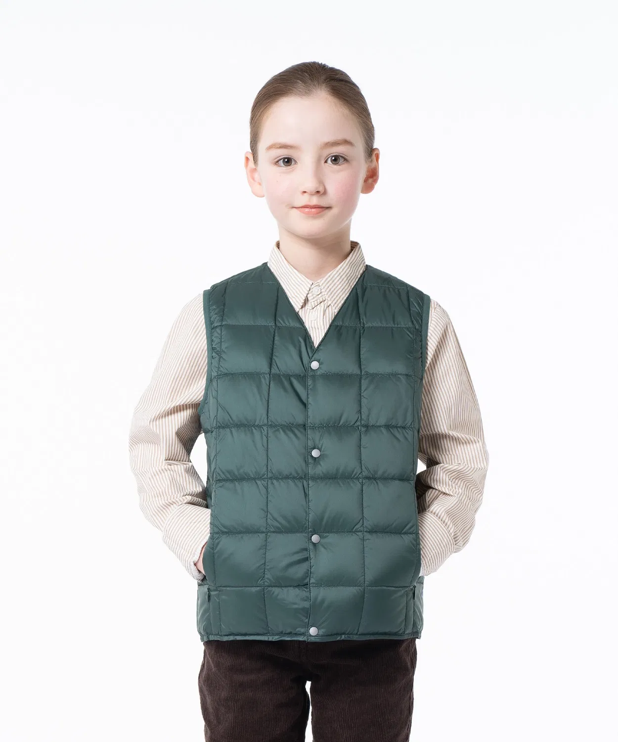 Детский жилет-пуховик без воротника с V-образным вырезом, модель Basic V-Neck Button TAION, Dark Green