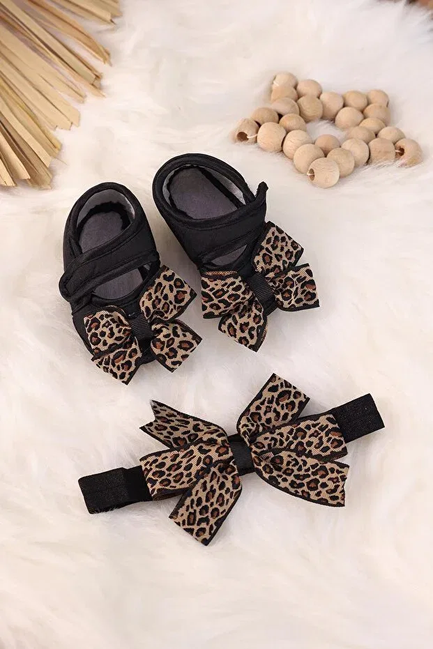 Детские пинетки для девочек с принтом Black ribbon baby girl booties bandana set Kidello, Black