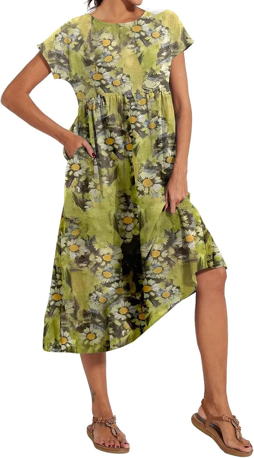 Женское свободное платье-миди с коротким рукавом Cotton Linen, Yellow — фото 3