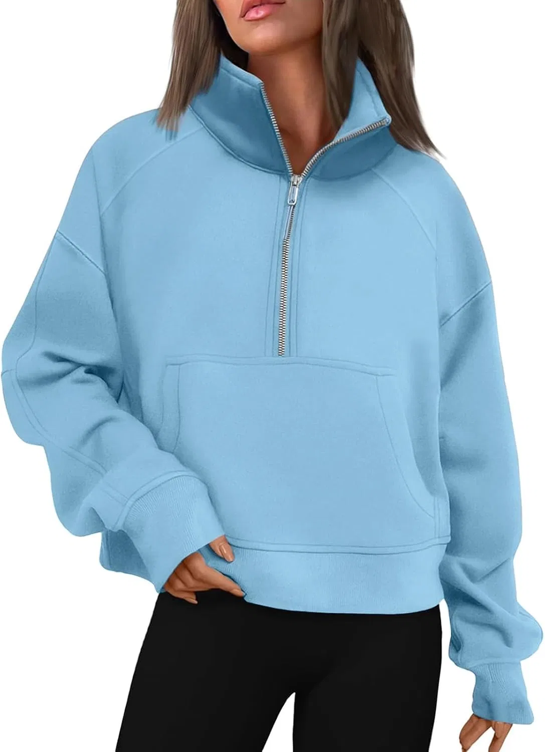 Женский свитшот оверсайз с полузамком и флисом, модель Quarter Zip, голубой