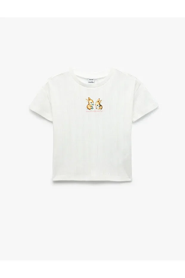 Детское для девочек хлопковое футболка с принтом Cotton rabbit printed crew neck short sleeve t-shirt Koton, Ecru