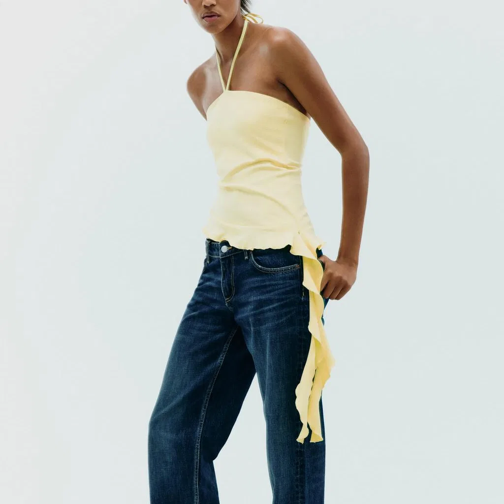 Женская майка на шнуровке с кружевом Yellow ZARA, Yellow — фото 4