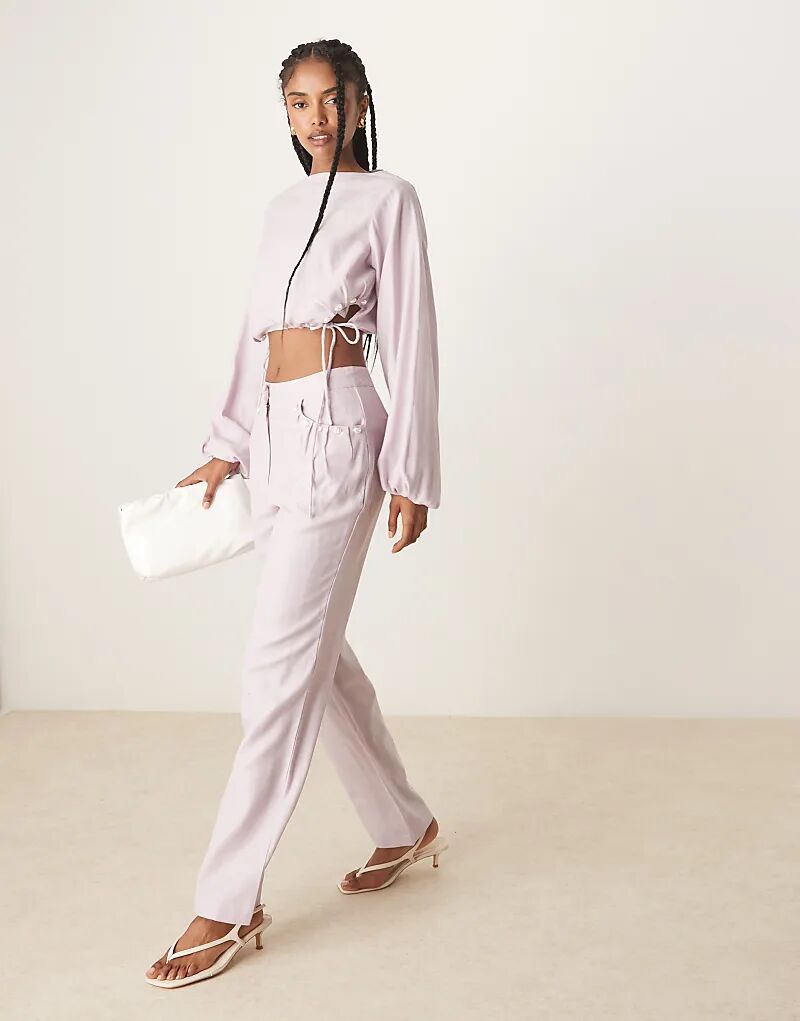 

Прямые брюки ASOS DESIGN из льняного материала с отделкой из жемчуга в сиреневом цвете