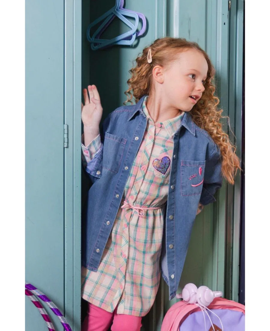 Платье-рубашка с поясом Ivy Kids Deux par Deux, Plaid Green And Pink — фото 2