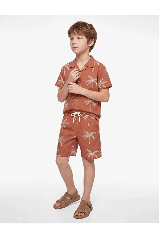 Детские шорты для мальчиков хлопковые Palm tree embroidery detailed cotton shorts with elastic waistband Koton, Brown — фото 2