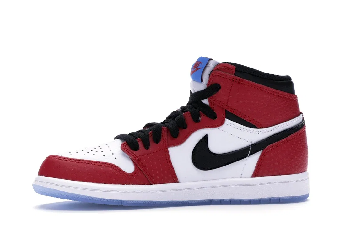 Детские кроссовки высокие с принтом Jordan 1 Retro High Spider-Man Origin Story (PS) Jordan, Gym Red/Black-White-Photo Blue — фото 3