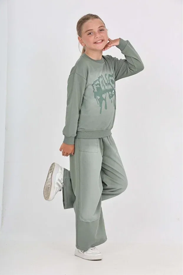 Детский комплект для девочек с принтом follow printed tracksuit set Toontoy, Green — фото 3