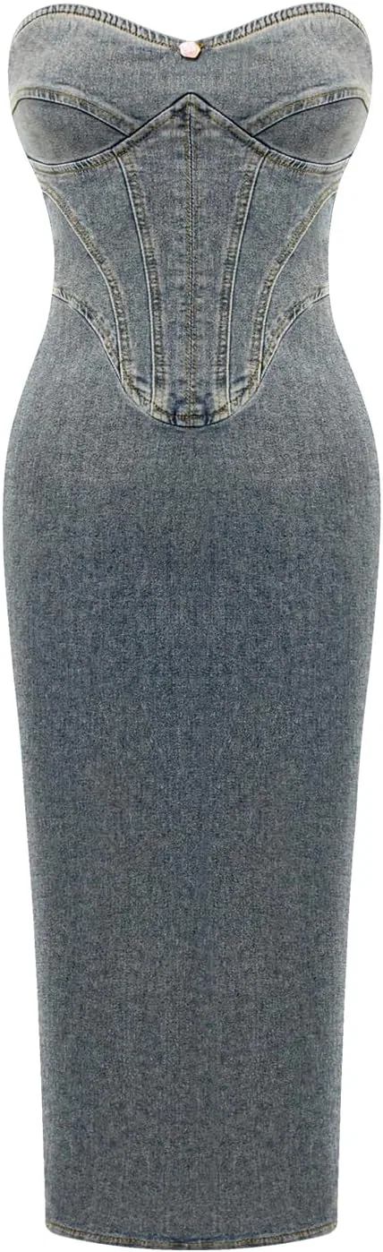 Женское джинсовое платье с открытыми плечами Casual, Blue