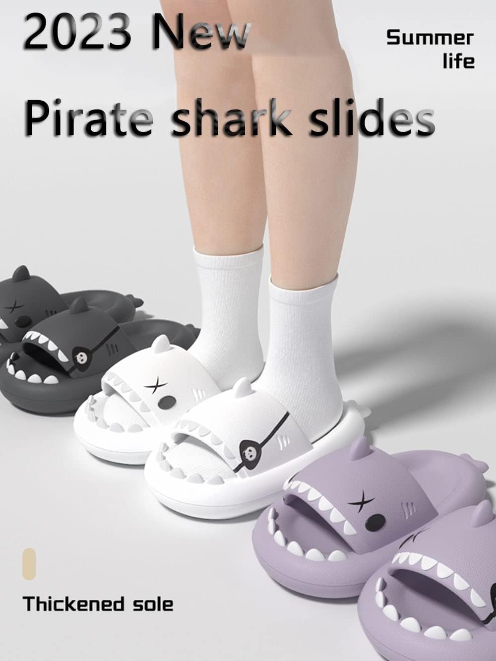 Тапочки Zureto New Pirate Shark, мода 2023, пиратские тапочки-акулы, унисекс для дома и улицы, бежевый — фото 2