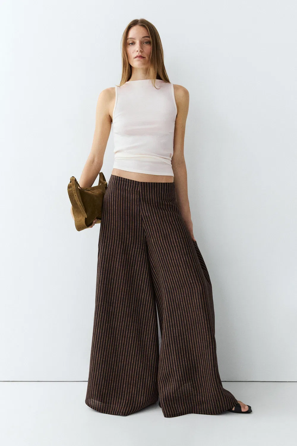 Юбка-шорты Massimo Dutti, полосатые, струящиеся, из смесовой льняной ткани, темно-синий — фото 4