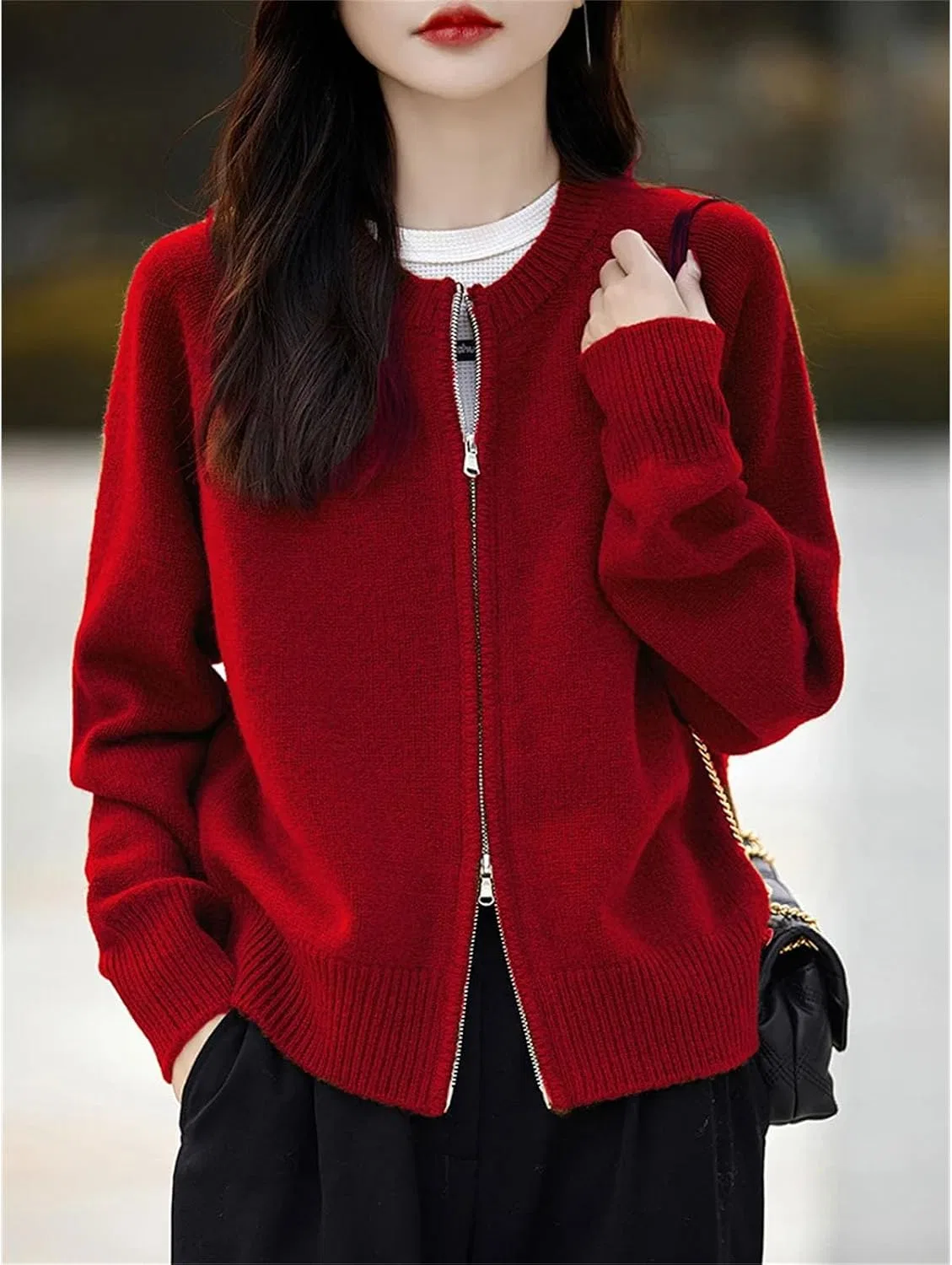 Женский кардиган-свитер на молнии, Merino Wool, с воротником-стойкой, серый — фото 3