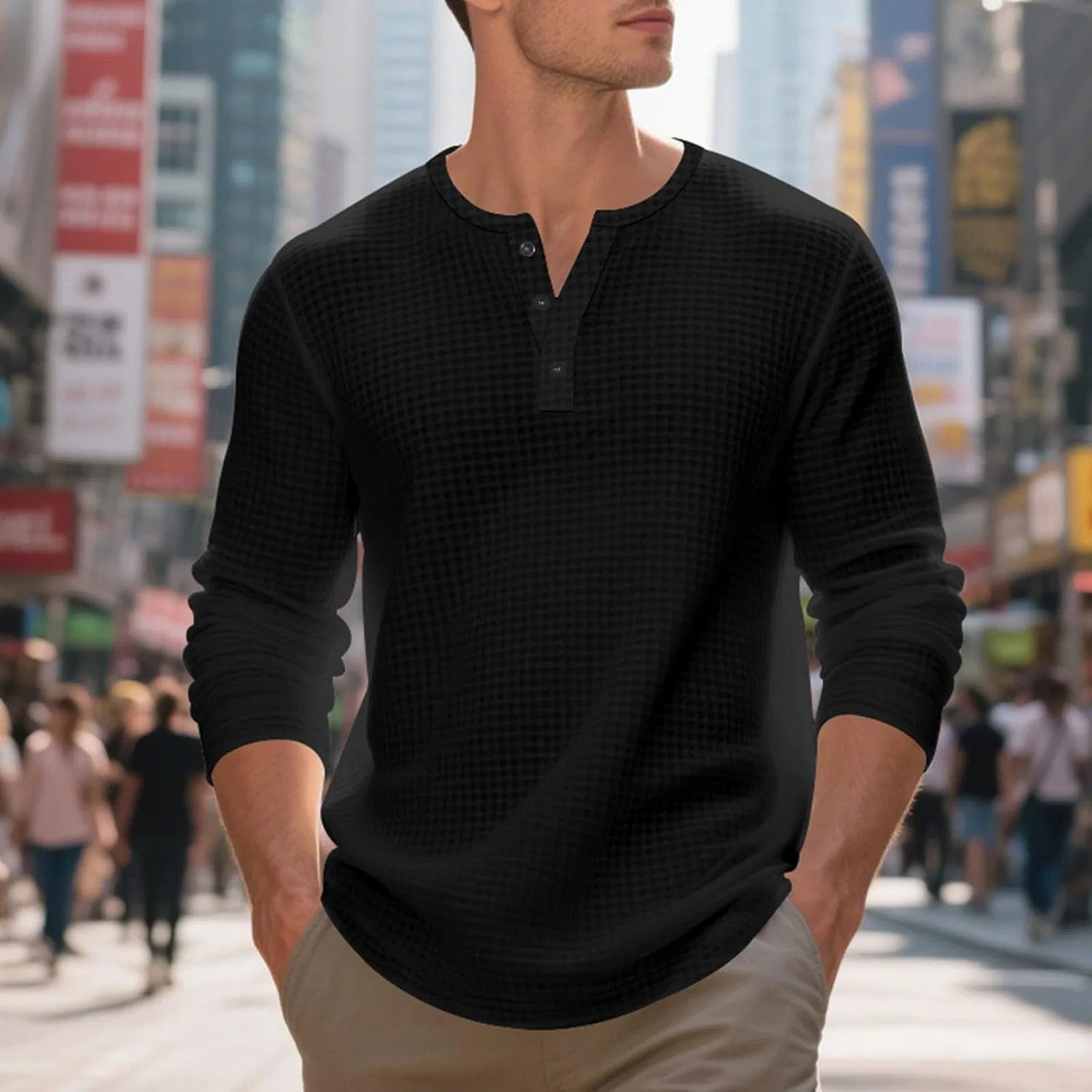 Мужская футболка с длинным рукавом Henley Casual, Black — фото 3