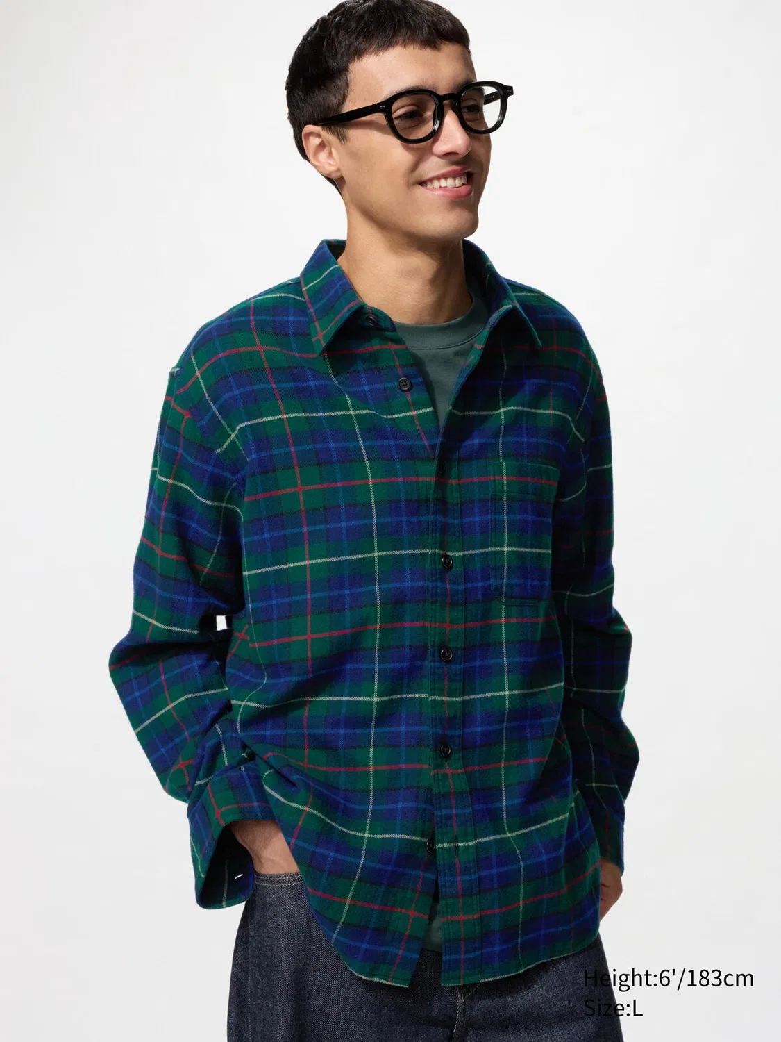Фланелевая рубашка Uniqlo, в клетку тартан, темно-зеленый