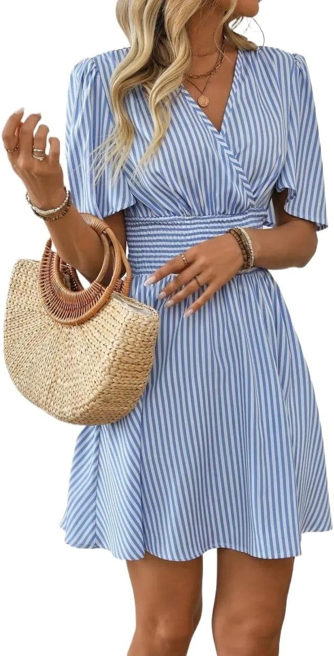 Женское повседневное платье с запахом A-силуэта Half Sleeve, Blue and White