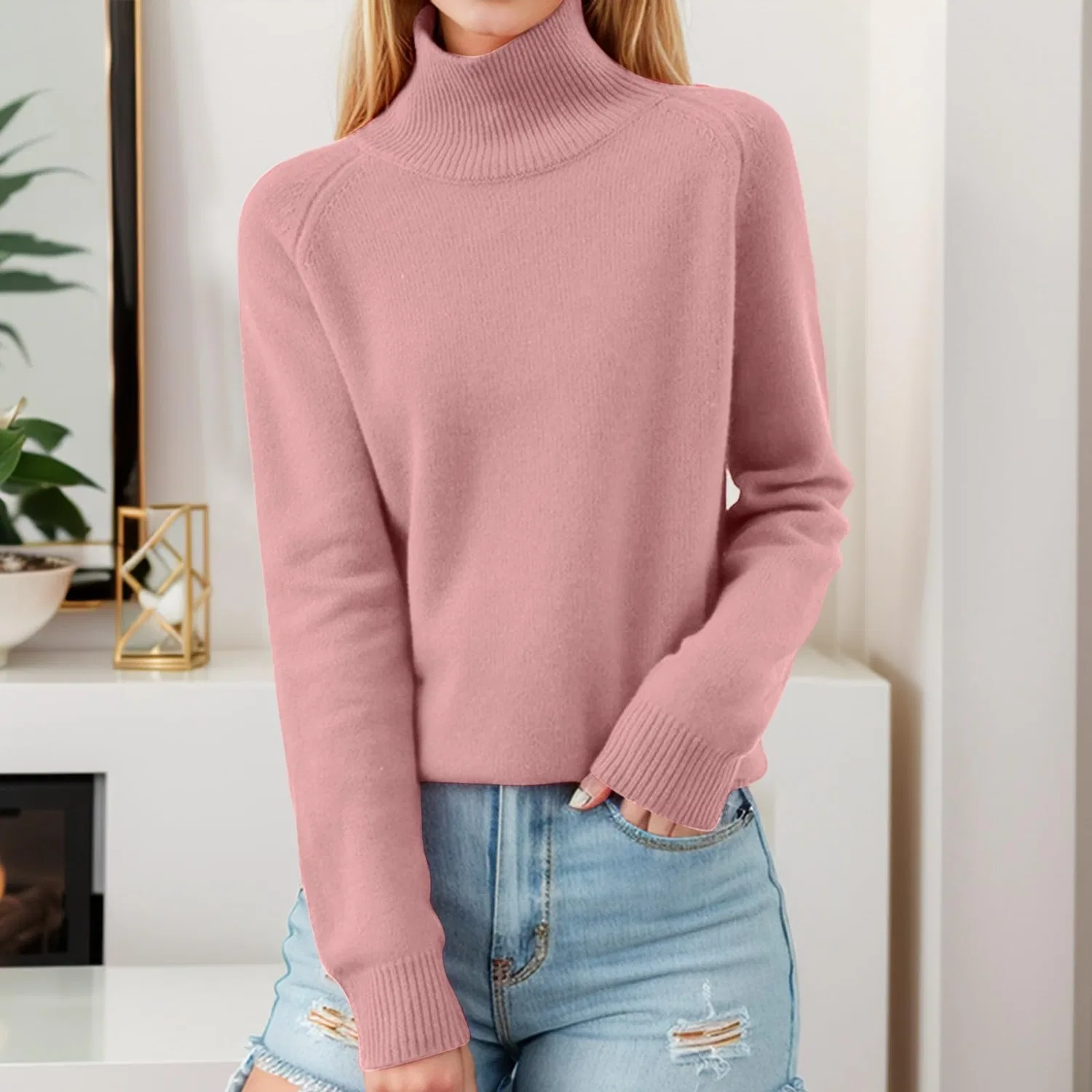 Женский свитер без рукавов с высоким воротником Long Wool Sweaters, Pink — фото 3
