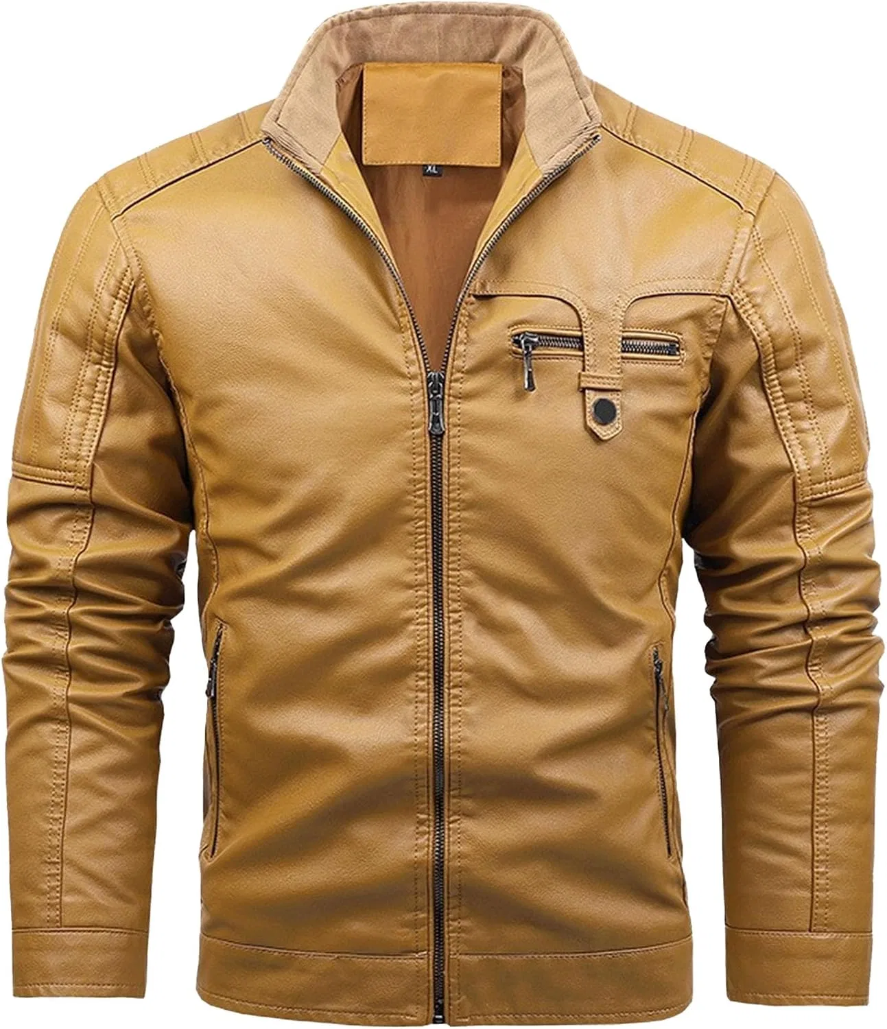 Мужская куртка из экокожи с воротником-стойкой, модель Motorcycle Leather Jacket, жёлтый